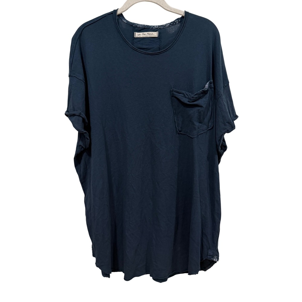 We The Free People Navy Blue Oversized Pocket Tee Cotton Raw Hem XS OB494519